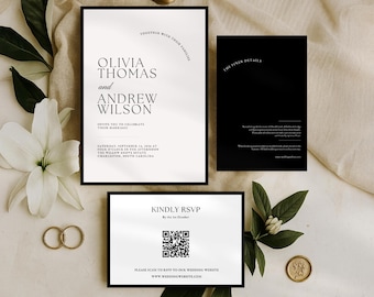 Elegantes Boho Hochzeitseinladungs-Set, schwarz und weiß, minimalistisch (Digitale Vorlage)