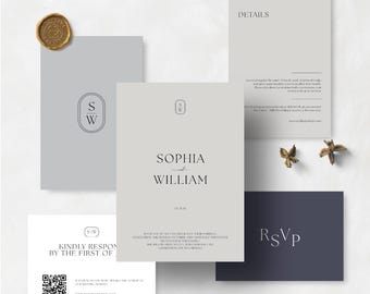 Monogramm-Hochzeits-Einladungs-Reihe | Moderne Blau Graue Leinwand Vorlage