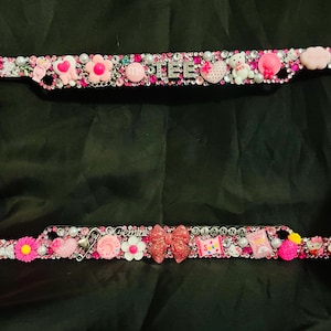 May include: A pink and white license plate frame heavily embellished with rhinestones, pearls, and various charms. The frame features the word "TEE" and the name "DIANNA". Decorative elements include flowers, bows, hearts, and cartoon characters.