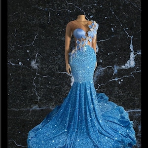 Blaues Meerjungfrau-Kleid, funkelndes Paillettenkleid mit Kristallblumenapplikation