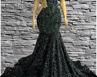 Emerald Goddess Gown,Luxury Sequin Green Mermaid Dress with Gold Appliqué