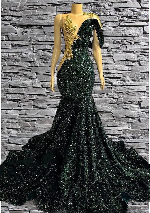 emerald green sequin mermaid dress Goddess Gown,Luxury with Gold Appliqué girly christmas dresses
