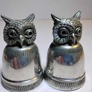 Small Vintage Pewter Owl Shaped Salt and Pepper Shakers