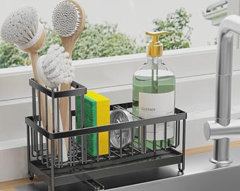 Black Kitchen Sink Caddy with Brush Holder Rustproof Stainless Steel Organizer