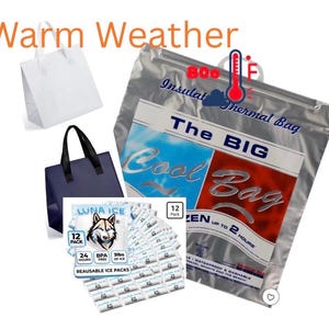 May include: Image features a silver insulated thermal bag with the text "The BIG Cool Bag" and a thermometer graphic indicating 80 degrees Fahrenheit. Also shown are reusable ice packs and two tote bags. The text "Warm Weather" is at the top.