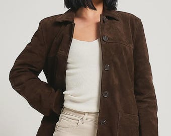 Vintage 90s Brown Suede Leather Blazer: Western Trucker Jacket