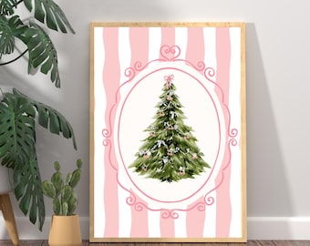 Christmas Tree Print, Coquette Wall Art, Pink Bow Holiday Poster, Preppy Girly Winter Decor, Whimsical Xmas Digital Download
