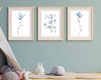 Blue Botanical Print Set of 3 | Watercolor Floral Wall Art | Dusty Blue Bedroom Decor | Minimalist Flower Printable | Instant Download