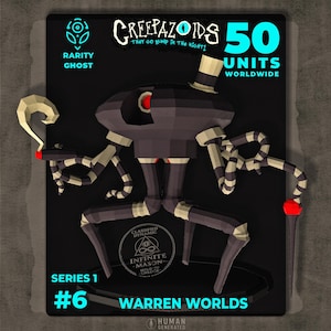 Puede incluir: Una tarjeta coleccionable de arte digital que presenta un robot gris oscuro con sombrero de copa, bastón y ojo rojo. La tarjeta dice "Creepazoids" y "Warren Worlds", con "50 unidades en todo el mundo" y "Rareza Fantasma".