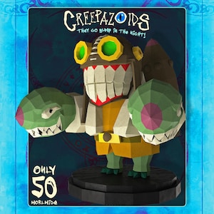 May include: A stylized, geometric figure of a monster with a large grin, green eyes, and green, geometric fists. The figure is wearing a yellow and brown outfit. Text on the image reads "CREEPAZOIDS THEY GO BUMP IN THE NIGHT!" and "ONLY 50 WORLDWIDE."