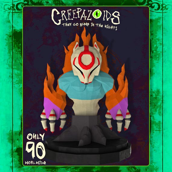 Creepazoid Fox Fire #010 — ACCESS Spirit Fox Art, Kitsune Inspired Collectible, Dark Mythology Sculpture