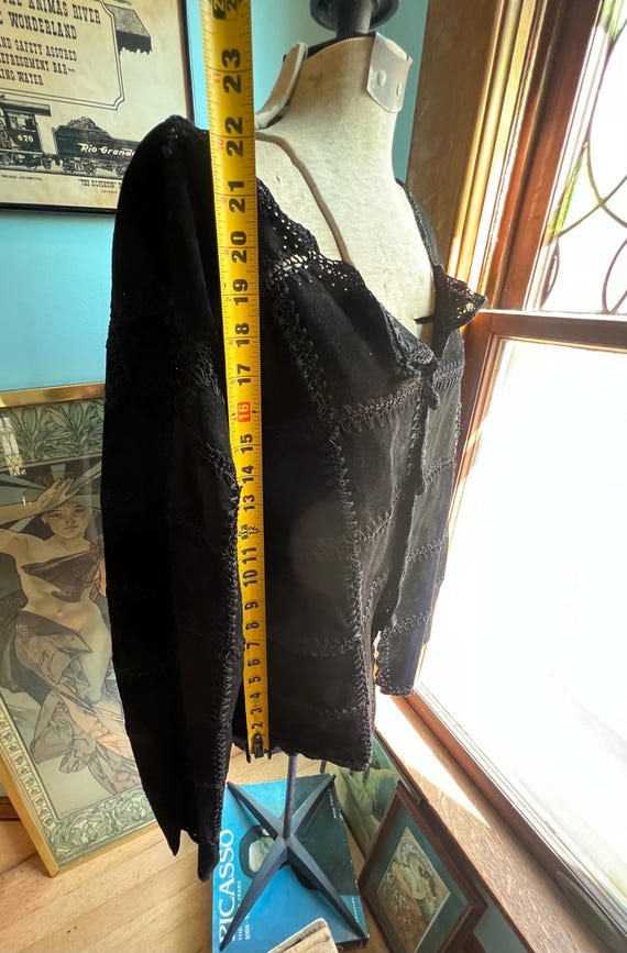 Black Sueded Leather Patchwork Crochet Jacket - image 8