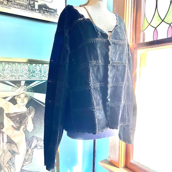 Black Sueded Leather Patchwork Crochet Jacket - image 1