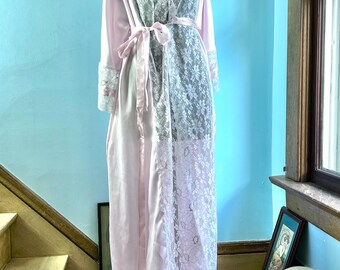 70s Pink Satin and Sheer Lace Long Robe