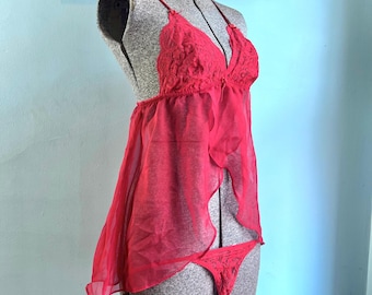 Red Babydoll Flowy Fairy Night Gown Dress and Thong Set