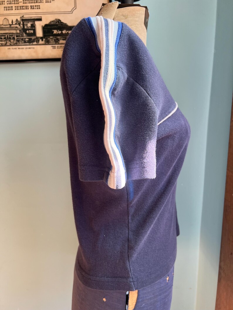 K&ouml;nnte beinhalten: Ein marineblaues Kurzarmshirt mit wei&szlig;en und hellblauen Streifen an den &Auml;rmeln. Das Kleidungsst&uuml;ck wird auf einer Schaufensterpuppe pr&auml;sentiert. Das Oberteil hat einen Rundhalsausschnitt und eine taillierte Form. Der Stoff scheint ein weiches Strickmaterial zu sein.
