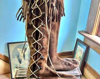 Vintage 70s Brown Tall Leather Mocassin Lace Up Boots with Fringe