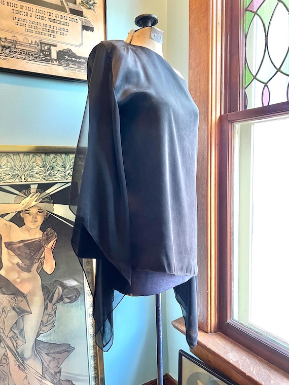 Black Solid Silk and Sheer Mesh Poncho Shawl - image 2