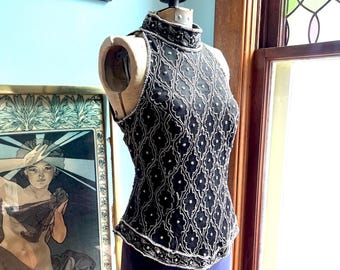 90s Black Silk Beaded Halter Top