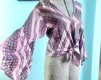 Y2K 90s Fairy Bell Sleeve Tie Front Top