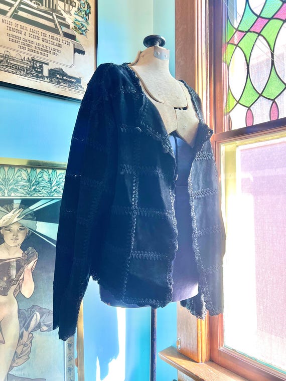 Black Sueded Leather Patchwork Crochet Jacket - image 2