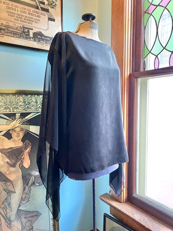 Black Solid Silk and Sheer Mesh Poncho Shawl - image 1
