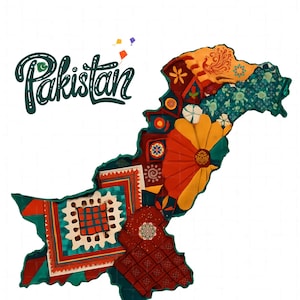 Vibrant Abstract Pakistan Map featuring cultural truck art motifs, Desi Wall Art Printable, Home Decor, Instant Download, Digital Print