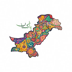 Puede incluir: Un mapa colorido de Pakistán, con intrincados patrones y diseños en varios colores. El mapa está segmentado en regiones, cada una con motivos florales y geométricos únicos. La palabra "Pakistán" está escrita en verde sobre el mapa.