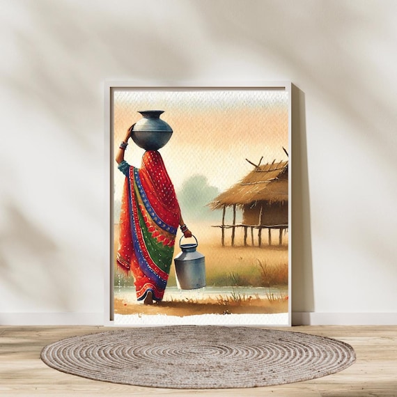 South Asian Village Art: Vibrant Watercolor Painting (Digital Print)