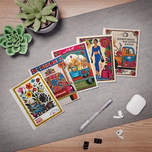 Tarjetas de felicitación, estilo artístico de camiones de Pakistán y Punjab, paquete de 5, notas musicales retro florales coloridas y multidiseño, frases líricas