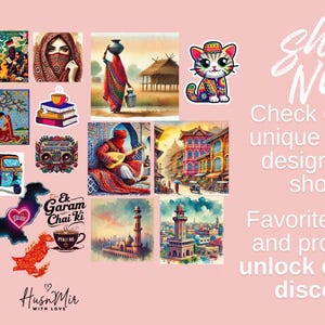 May include: A collage of colourful digital illustrations featuring Pakistani culture, including traditional clothing, architecture, and food. The text "Shop Now" is displayed in a pink banner. The text "Check out more unique and cute designs in my shop!" is displayed in black text. The text "Favorite my shop and products to unlock exclusive discounts!" is displayed in black text.