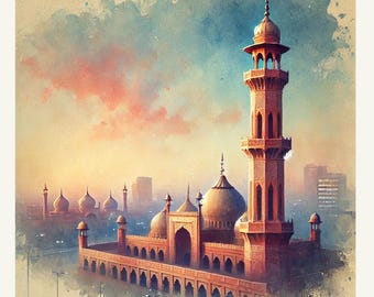 Badshahi Mosque Watercolor Print: Mughal Architecture, Pakistan Art (Digital Download)