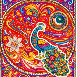 Pode incluir: Uma ilustração vibrante e colorida com um pavão com um design detalhado e ornamentado. O pavão está situado em um fundo vermelho com padrões giratórios, estrelas e elementos florais. A obra de arte incorpora uma rica paleta de azuis, amarelos e verdes.
