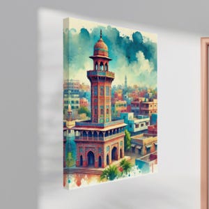 Dünne Leinwand - Lahore Wandkunst - Liebesbrief in Stein, Aquarell Moschee Druck, Südasiatische Dekoration, Pakistan Kunst, Mughal Kunst
