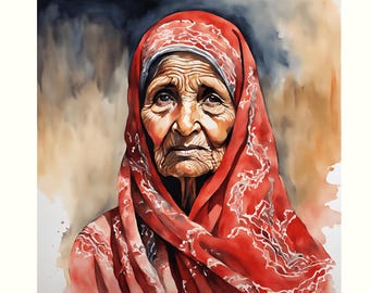 Pakistani Woman Portrait Print: Red Chadar, South Asian Art (Digital Print)