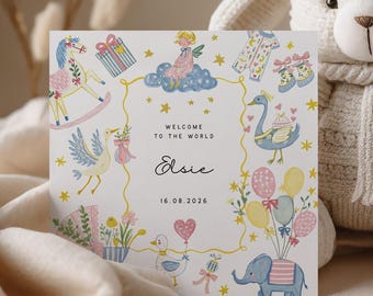Personalised New Baby Girl Card, Welcome To The World Card, Newborn Baby Girl Card, Whimsical Design