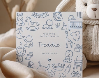 Personalised New Baby Boy Card, Welcome To The World Card, Newborn Baby Boy Card, Whimsical Design