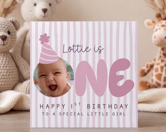 Personalised First Birthday Photo Card, Fun Party Hat Style With Pink Stripes