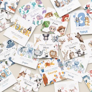 May include: A collection of square birthday greeting cards featuring watercolor illustrations of animals, mermaids, and cartoon characters, each personalized with names and age milestones, arranged in a scattered layout on a neutral background.