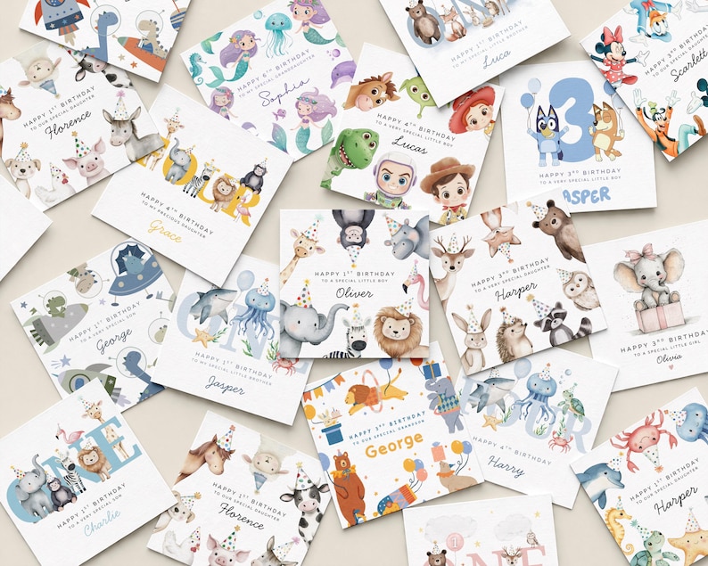 May include: A collection of square birthday greeting cards featuring watercolor illustrations of animals, mermaids, and cartoon characters, each personalized with names and age milestones, arranged in a scattered layout on a neutral background.