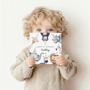 May include: A square birthday card featuring watercolor illustrations of a giraffe, monkey, hippo, elephant, zebra, and lion, all wearing colorful polka-dot party hats. The text reads Happy 4th Birthday and the name Oakley in black script.