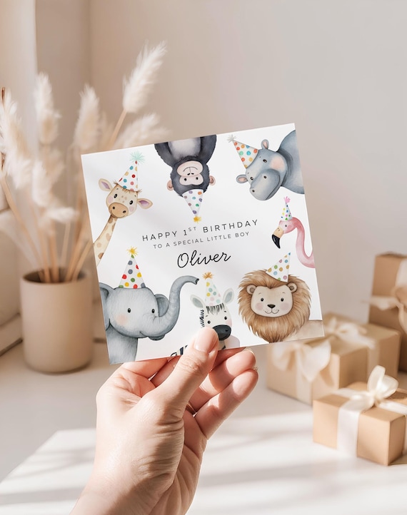 Personalised Children's First Birthday Card, Safari Animals, Zoo Animals, Jungle Birthday