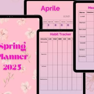 Può includere: Un planner digitale rosa e bianco con accenti floreali. Il planner include pagine per marzo, aprile, tracciamento dell'umore, pianificazione settimanale, note e un planner di budget. La pagina di copertina dice "Spring Planner 2023".