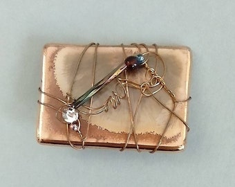 Vintage Hand Crafted Mix Media Brooch Ceramic Dried Flower Wrapped Wire and Beads