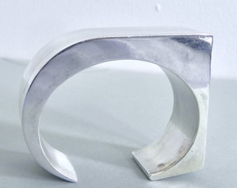 Vintage Modernist Sterling Bracelet,  Square and Oval Striped  Statement Piece