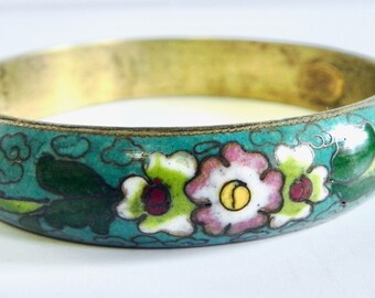 Vintage Miriam Haskell Bracelet Gorgeous Cloisonne Enamel Flower Bangle , Signed