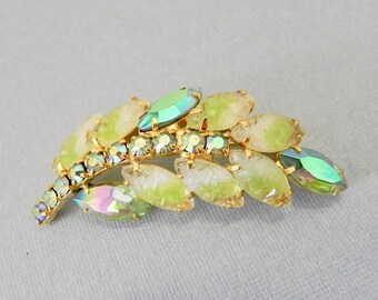 Vintage Dazzling Green Brooch , 50s Rhinestone Pin , AB Super Sparkly Chartreuse Pin