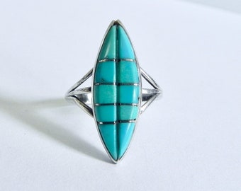 Vintage Navajo Sterling Turquoise Ring Inlay Teme 8 1/4