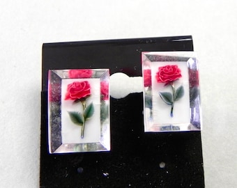 Vintage 40s 50s Red Rose Earrings , Lucite Jewellery