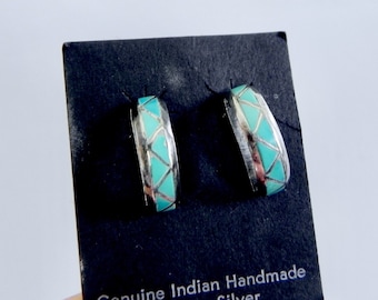 Vintage Navajo Sterling Earrings , Native American Inlay Turquoise
